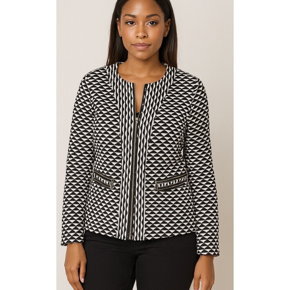 Chicos Travelers blazer Black White Jacquard Textured Zip Jacket 3/4 Sleeve SZ 0